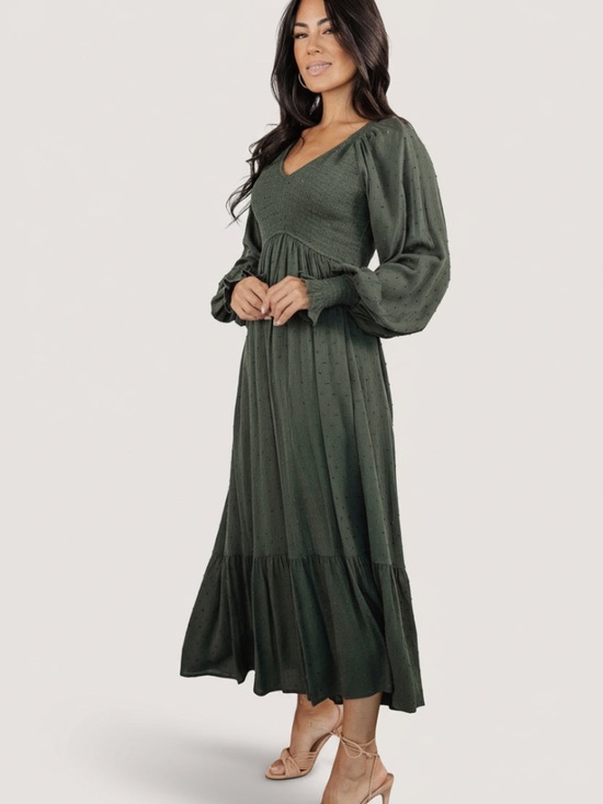 Baltic Born Lainey Smocked Dotted Midi Dress | Deep Olive Size SS - Picture 2 of 5